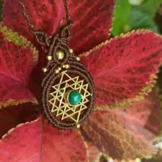 malachite macrame necklace, artisan, unique, boho, sacred geometry, yoga, goddess