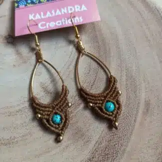 pendientes de macrame turquesa, color marrón, joyería artesanal, hecho a mano, original