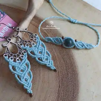 macrame set, earrings and bracelet in blue pale